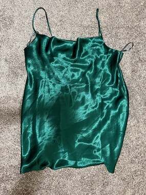 Arula x Favorite You Dark Green Satin Cowl Neck Slip Dress